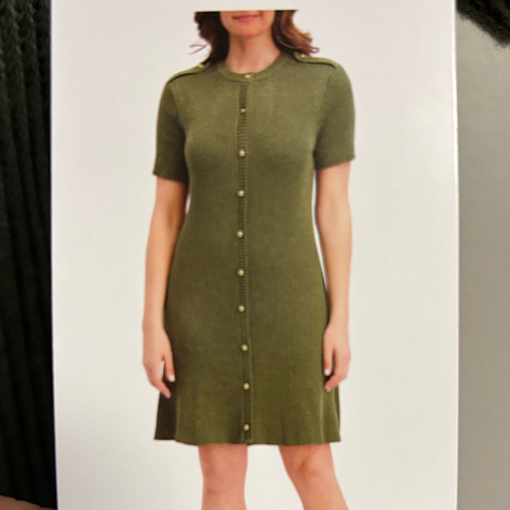 French Connection olive Green Short Sleeve Button-Down sweater Dress sz XL NWT